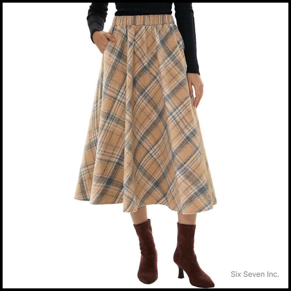 Wool Blend A-Line Skirt High Waisted Pleated Tartan Fall Winter Chic